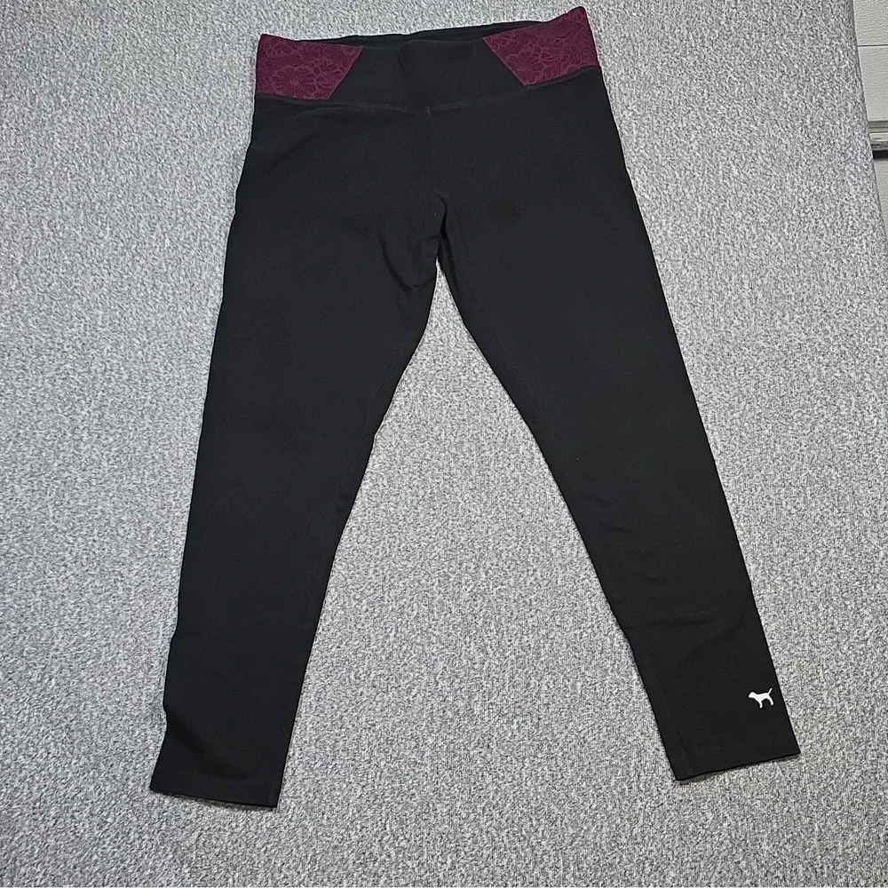 PINK Victoria's Secret PINK Yoga Leggings Black Purple Logo Waist L/G High